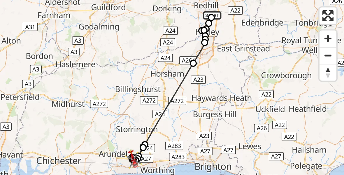 Flight route Air Ambulance Helicopter Redhill Aerodrome - Angmering, 19 June 2026, 12:34
