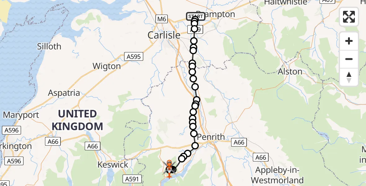Flight route Coastguard Helicopter Carlisle Lake District Airport - Dockray, 19 June 2026, 12:46