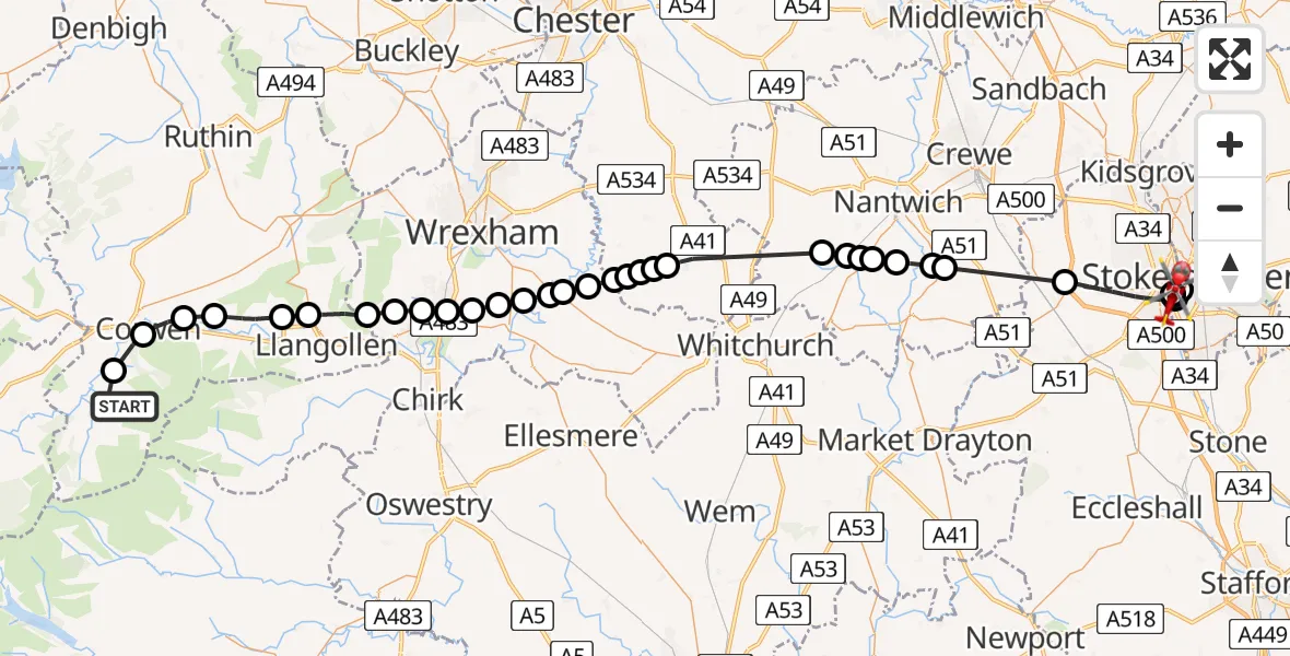 Flight route Air Ambulance Helicopter Llandrillo - Stoke, 19 June 2026, 12:52