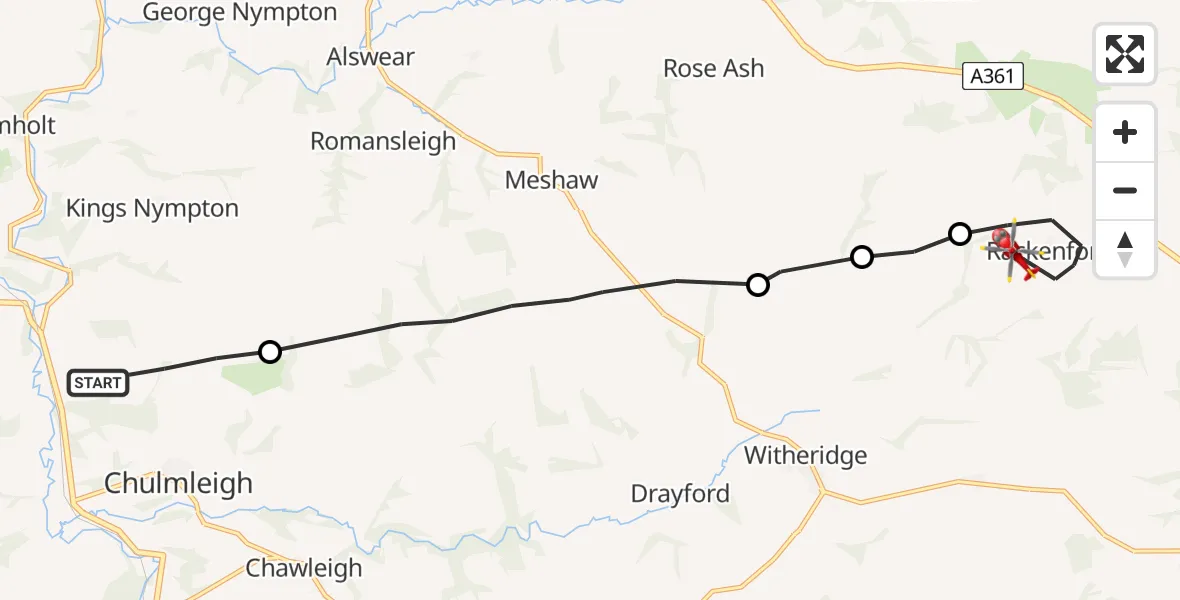 Flight route Air Ambulance Helicopter Chulmleigh - Rackenford, 19 June 2026, 12:59