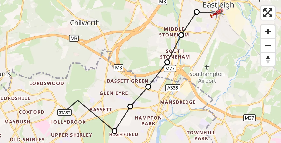 Flight route Air Ambulance Helicopter Hollybrook - Eastleigh, 19 June 2026, 13:03