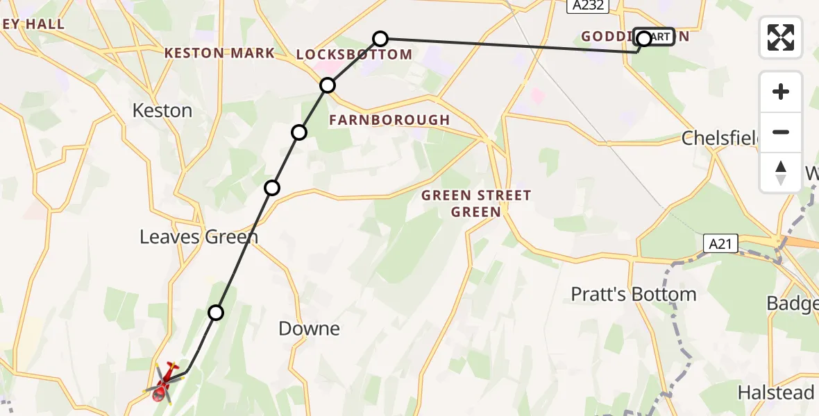 Flight route Air Ambulance Helicopter Goddington - London Biggin Hill Airport, 19 June 2026, 13:10
