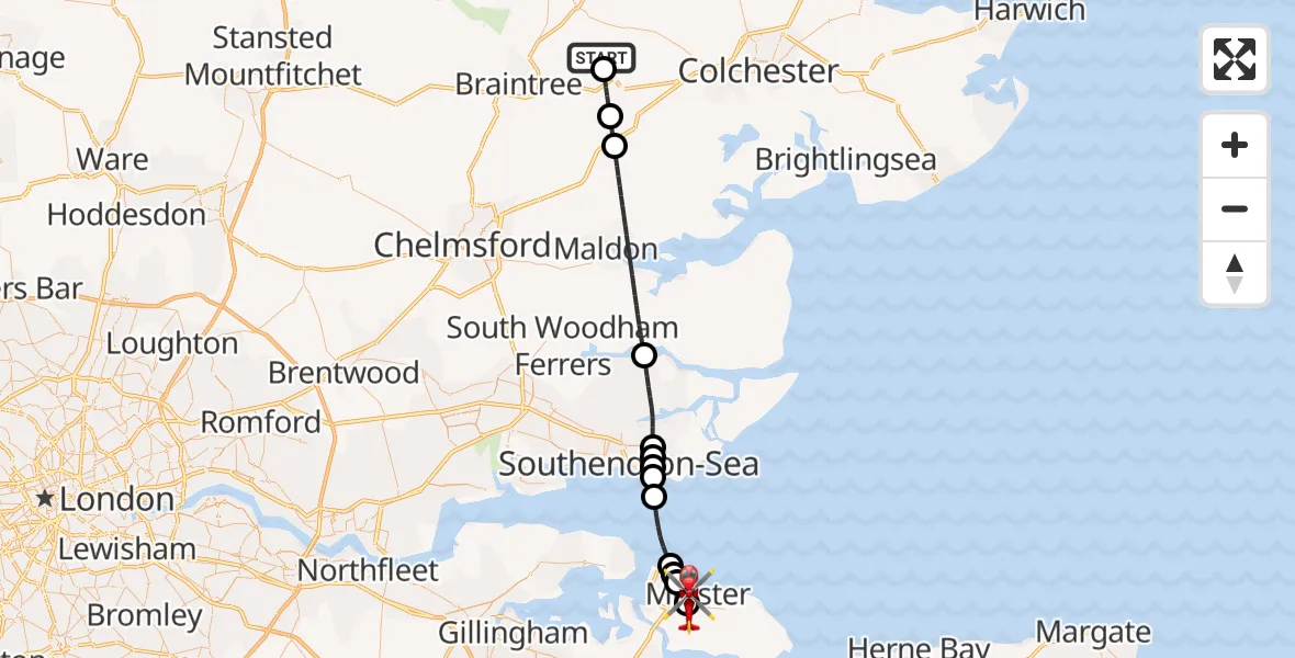 Flight route Air Ambulance Helicopter Braintree - Minster, 19 June 2026, 13:13