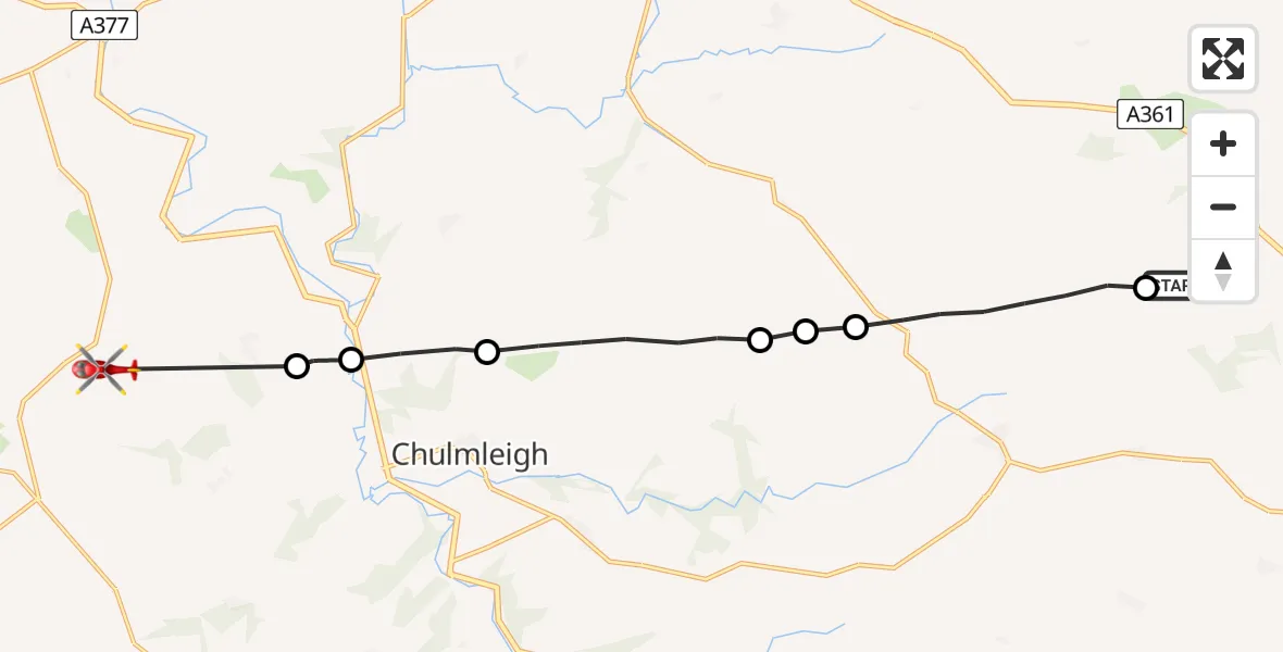 Flight route Air Ambulance Helicopter Rackenford - Eaglescott Airfield, 19 June 2026, 13:16