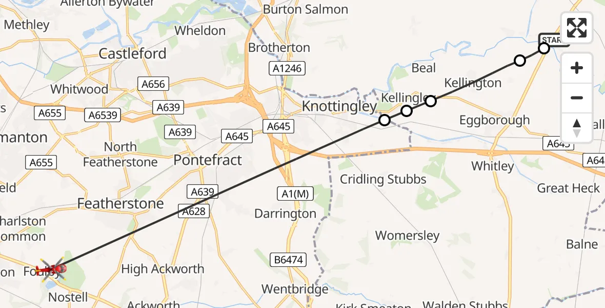 Flight route Air Ambulance Helicopter Burn - YAA Nostell Helicopter Port, 19 June 2026, 13:29