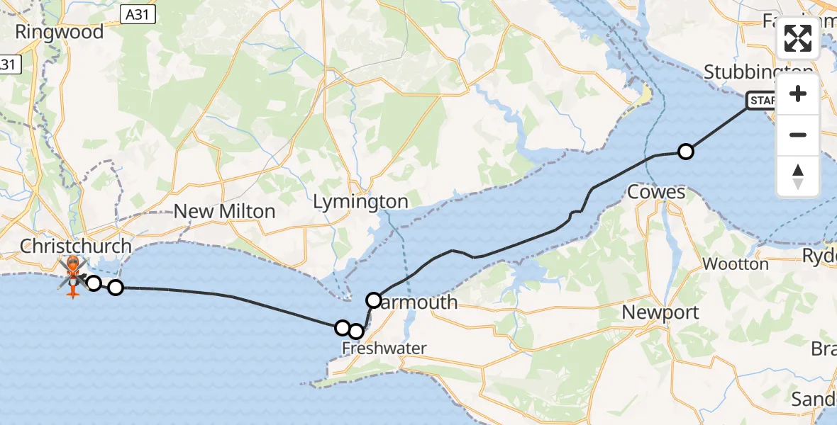 Flight route Coastguard Helicopter Solent Airport - Bournemouth, 19 June 2026, 13:39