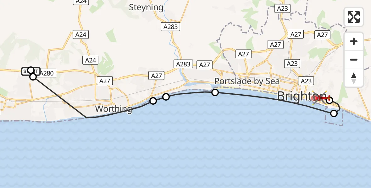 Flight route Air Ambulance Helicopter Worthing - Brighton, 19 June 2026, 13:44