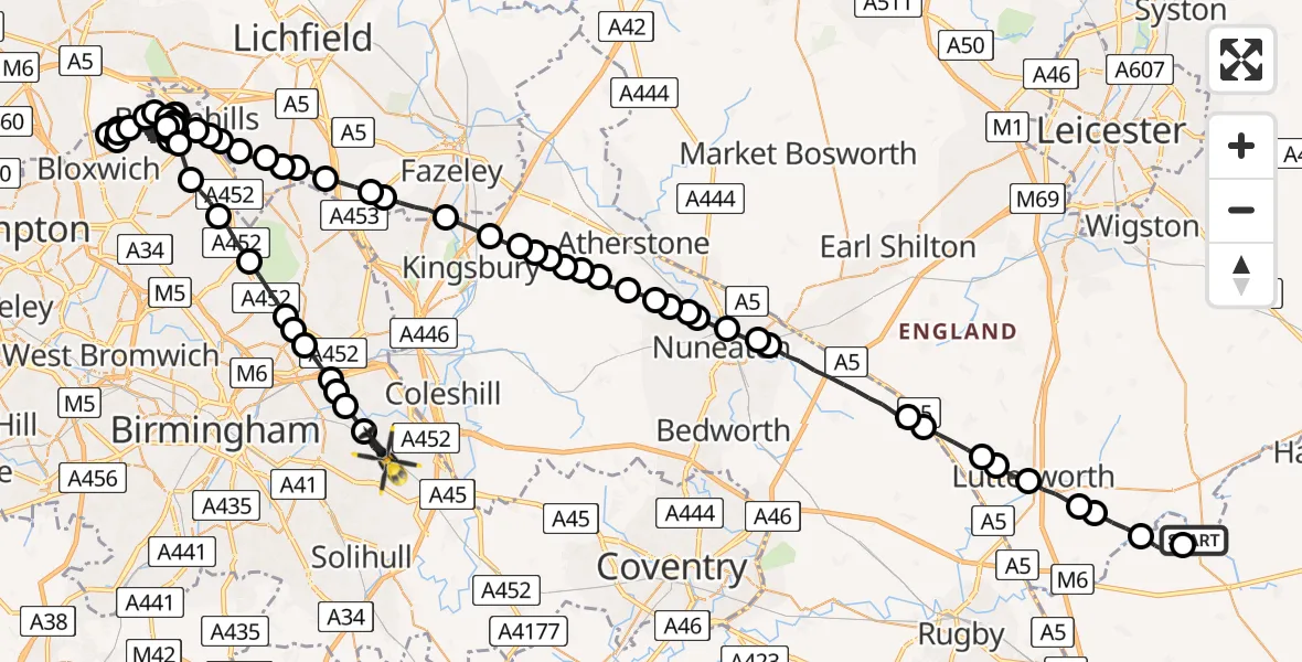 Flight route Police Helicopter Husbands Bosworth - Birmingham Airport, 19 June 2026, 13:54