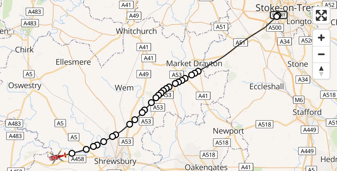 Flight route Air Ambulance Helicopter University Hospital North Staffs - Alberbury, 19 June 2026, 13:55