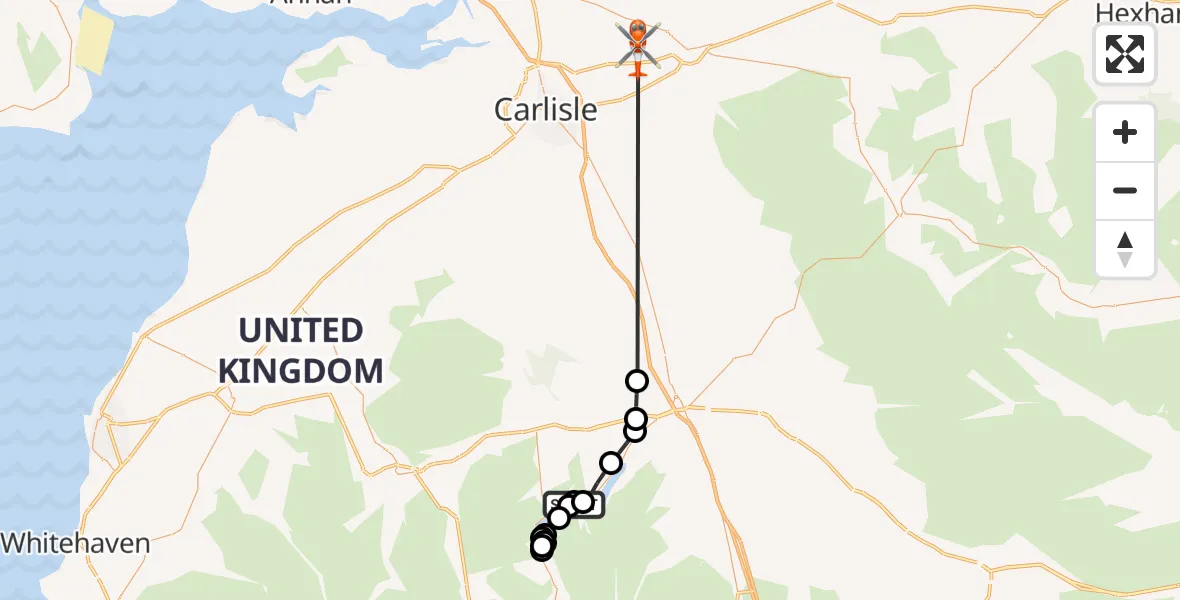 Flight route Coastguard Helicopter Matterdale - Carlisle Lake District Airport, 19 June 2026, 14:04