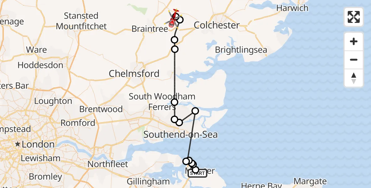 Flight route Air Ambulance Helicopter Minster - Earls Colne Airfield, 19 June 2026, 14:10