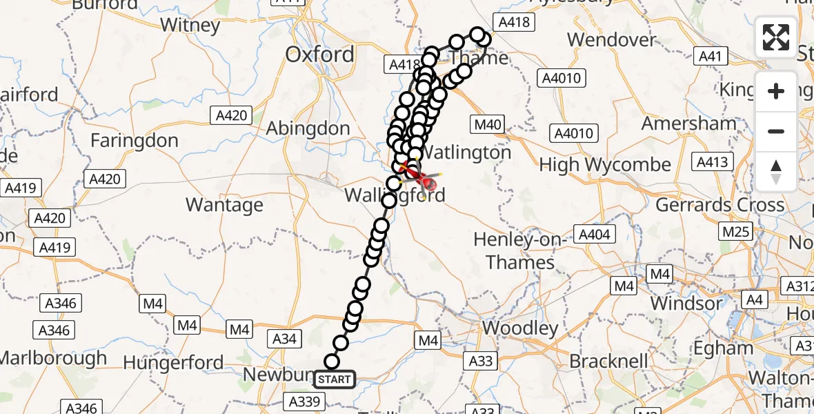 Flight route Air Ambulance Helicopter Thatcham - RAF Benson, 19 June 2026, 14:28