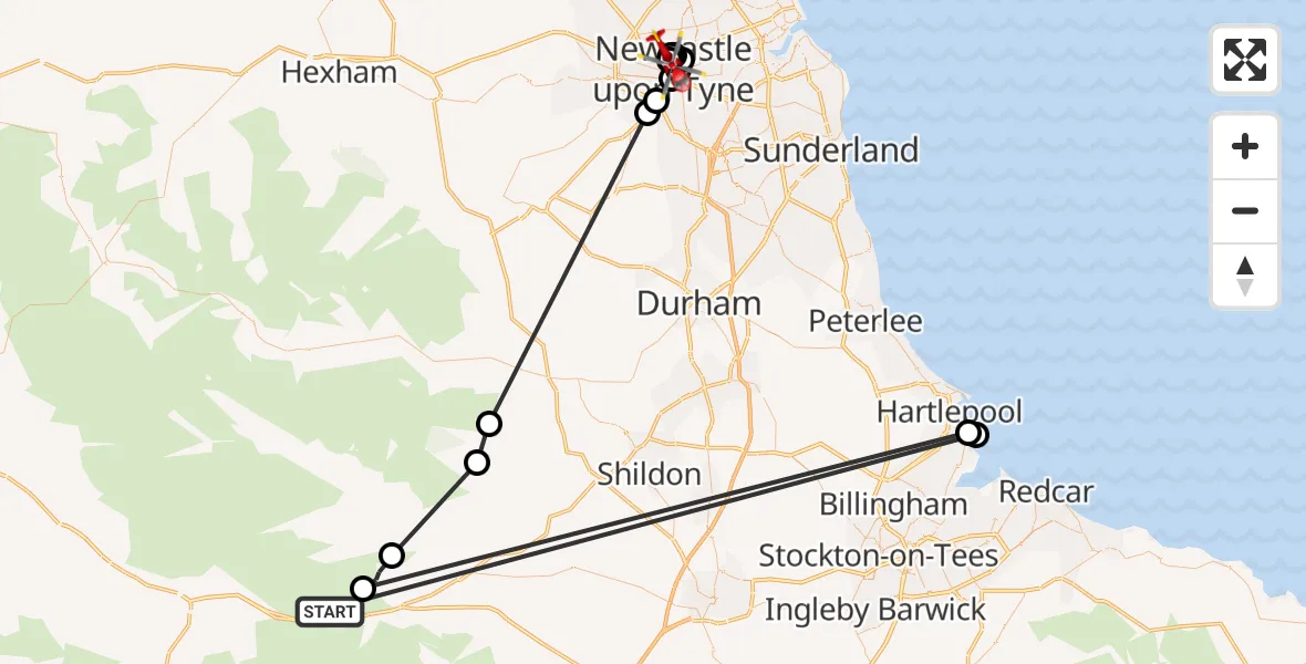 Flight route Air Ambulance Helicopter Bowes - Newcastle Royal Victoria Infirmary, 19 June 2026, 14:30