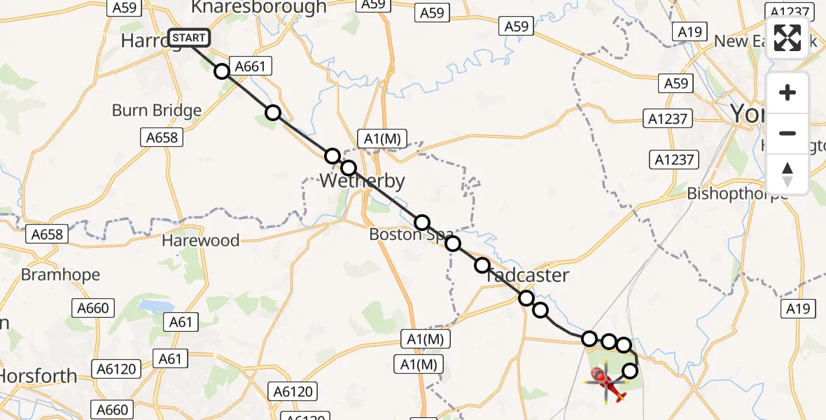Flight route Air Ambulance Helicopter Harrogate - Leeds East Airport, 19 June 2026, 14:31