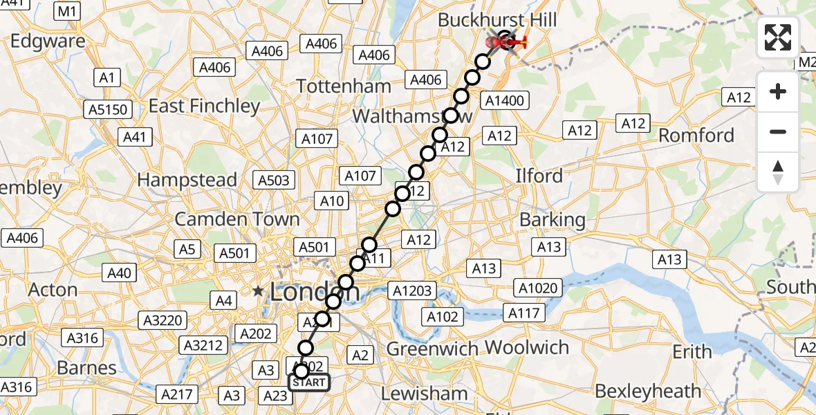 Flight route Air Ambulance Helicopter Kings College London Hospital - Chigwell, 19 June 2026, 14:33