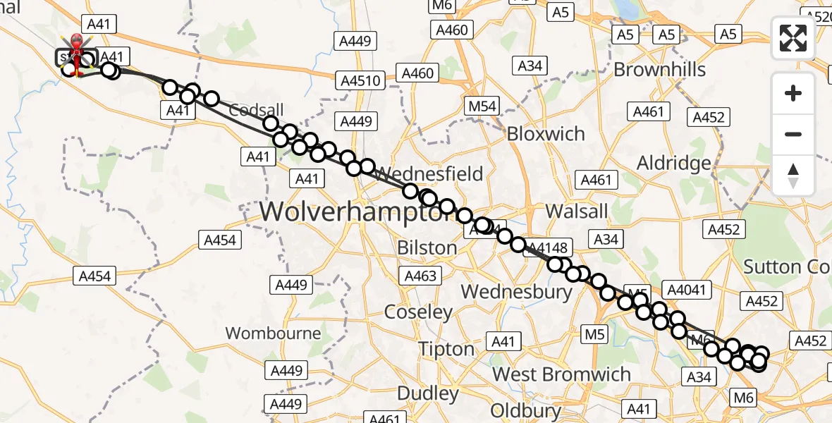 Flight route Air Ambulance Helicopter RAF Cosford - Cosford, 19 June 2026, 14:45