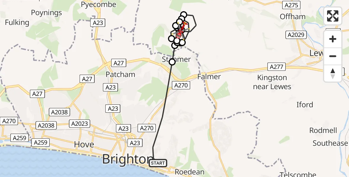 Flight route Air Ambulance Helicopter Brighton - Lewes, 19 June 2026, 14:51