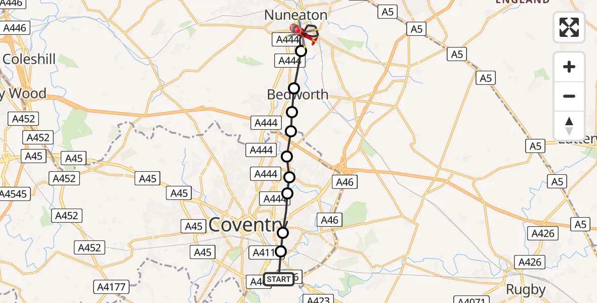 Flight route Air Ambulance Helicopter Tollbar End - Nuneaton, 19 June 2026, 15:00