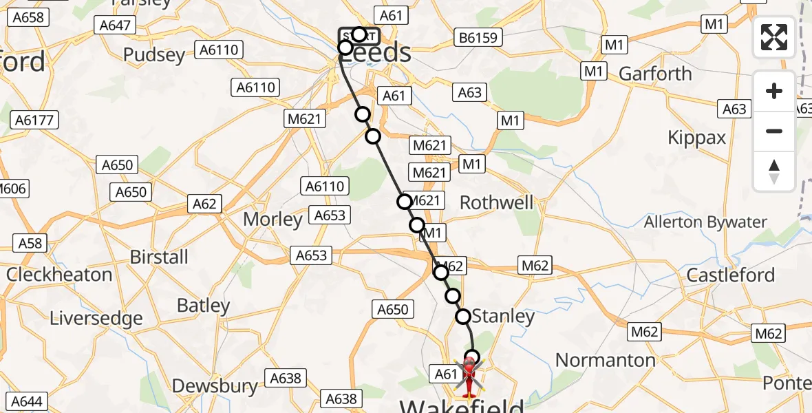 Flight route Air Ambulance Helicopter Woodhouse - Newton Hill, 19 June 2026, 15:02