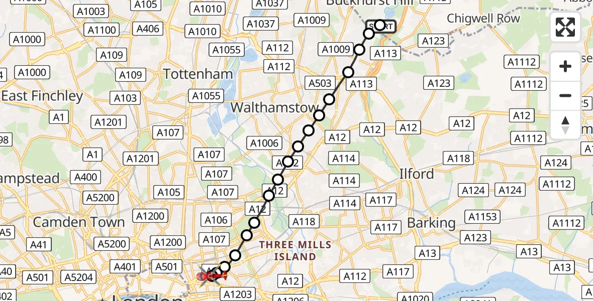 Flight route Air Ambulance Helicopter Woodford Bridge - Royal London Hospital, 19 June 2026, 15:10