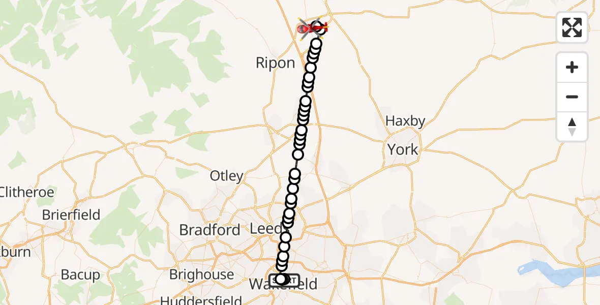 Flight route Air Ambulance Helicopter Newton Hill - RAF Topcliffe, 19 June 2026, 15:14