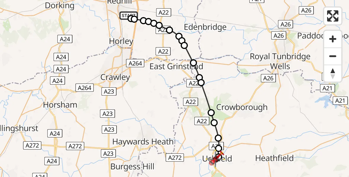 Flight route Air Ambulance Helicopter Redhill Aerodrome - Uckfield, 19 June 2026, 15:18