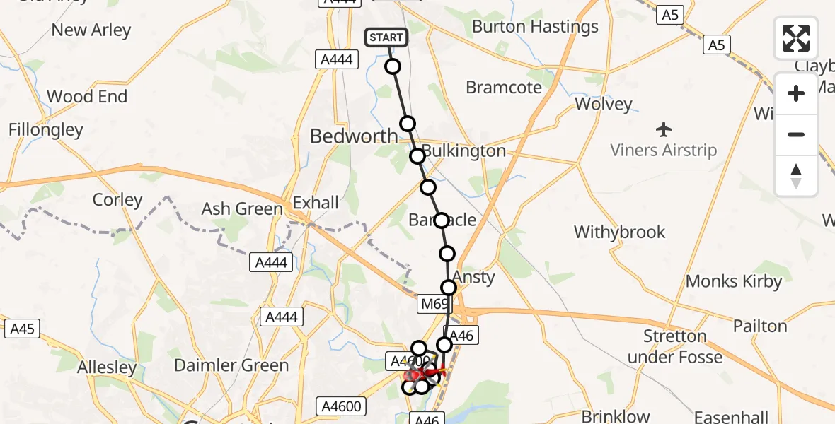 Flight route Air Ambulance Helicopter Nuneaton - University Hospital Coventry, 19 June 2026, 15:30