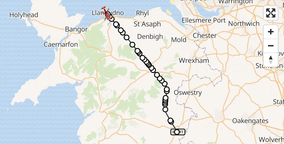 Flight route Air Ambulance Helicopter Welshpool Airport - Llandudno, 19 June 2026, 15:37