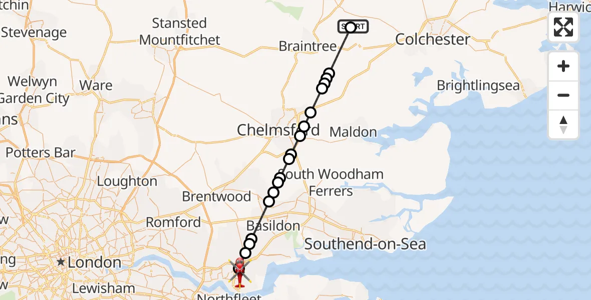 Flight route Air Ambulance Helicopter Earls Colne Airfield - Chadwell St Mary, 19 June 2026, 15:40