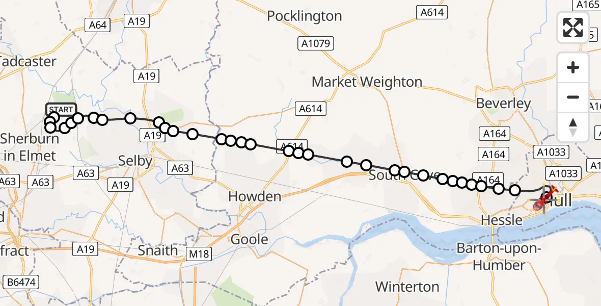 Flight route Air Ambulance Helicopter Leeds East Airport - Hull Royal Infirmary, 19 June 2026, 15:47