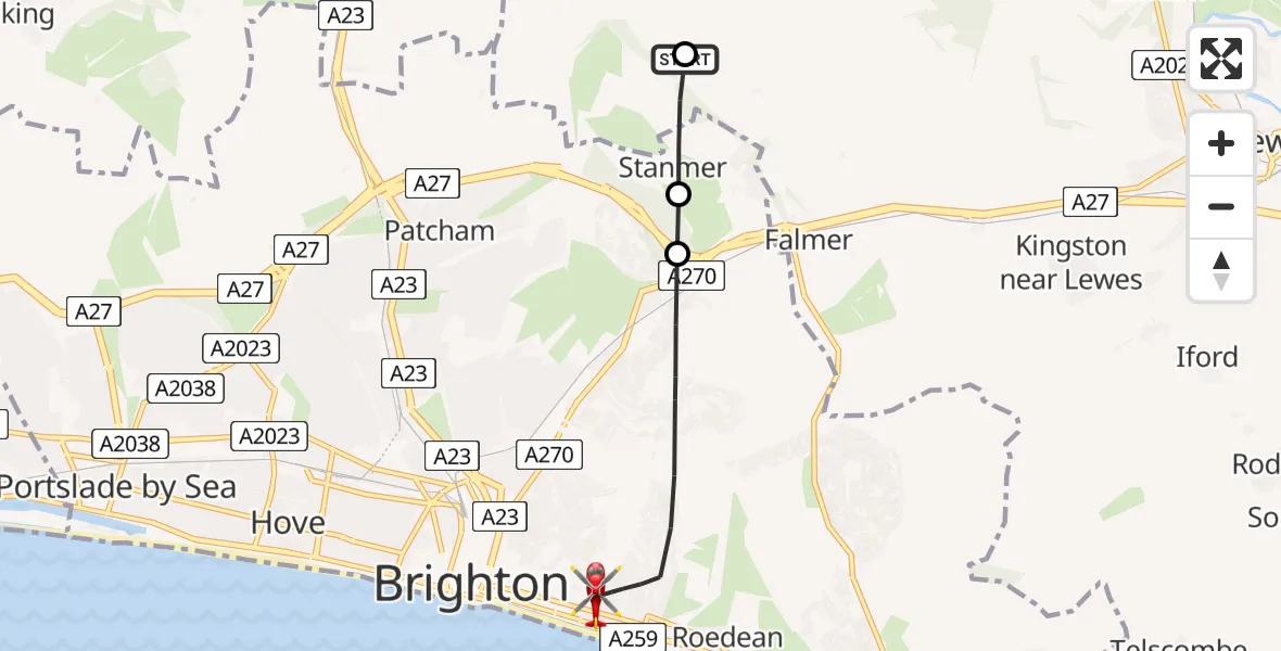 Flight route Air Ambulance Helicopter Stanmer - Brighton, 19 June 2026, 15:52