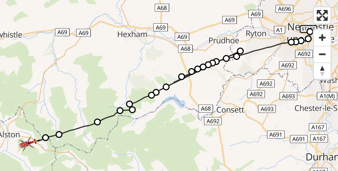 Flight route Air Ambulance Helicopter Newcastle Royal Victoria Infirmary - Nenthead, 19 June 2026, 15:58