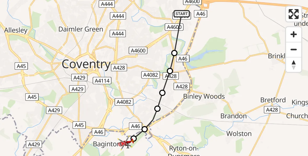 Flight route Air Ambulance Helicopter Walsgrave - Coventry Airport, 19 June 2026, 15:59