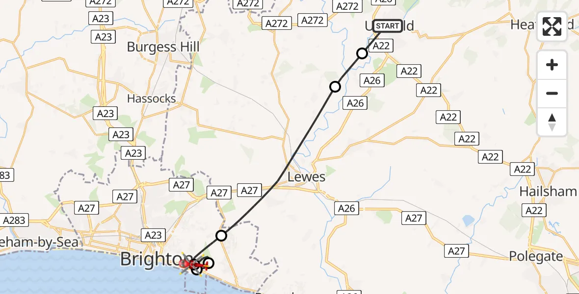 Flight route Air Ambulance Helicopter Uckfield - Roedean, 19 June 2026, 15:59