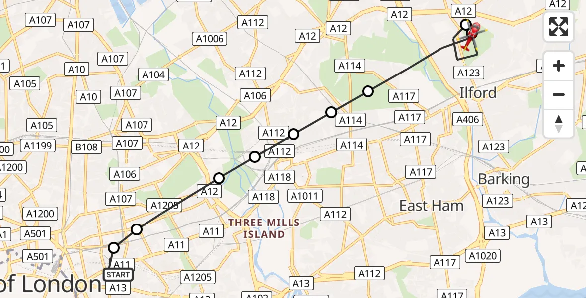 Flight route Air Ambulance Helicopter Royal London Hospital - Redbridge, 19 June 2026, 16:00