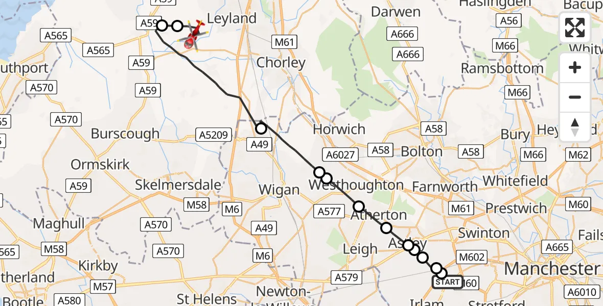 Flight route Air Ambulance Helicopter Manchester Barton Aerodrome - Chorley, 19 June 2026, 16:03