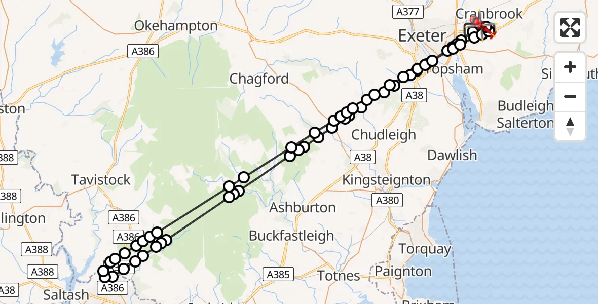 Flight route Air Ambulance Helicopter Exeter International Airport - Exeter International Airport, 19 June 2026, 16:05
