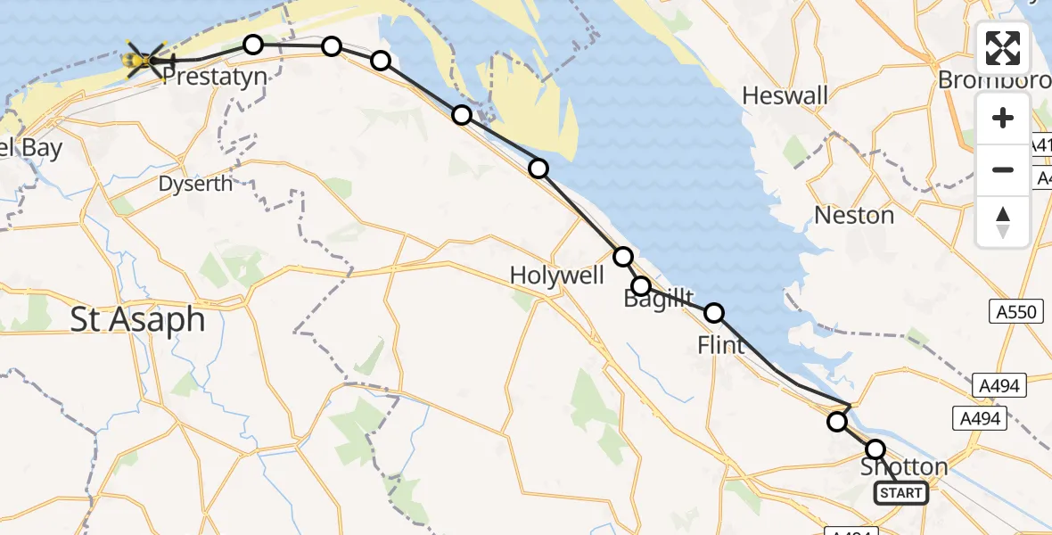 Flight route Police Helicopter Aston - Prestatyn, 19 June 2026, 16:10