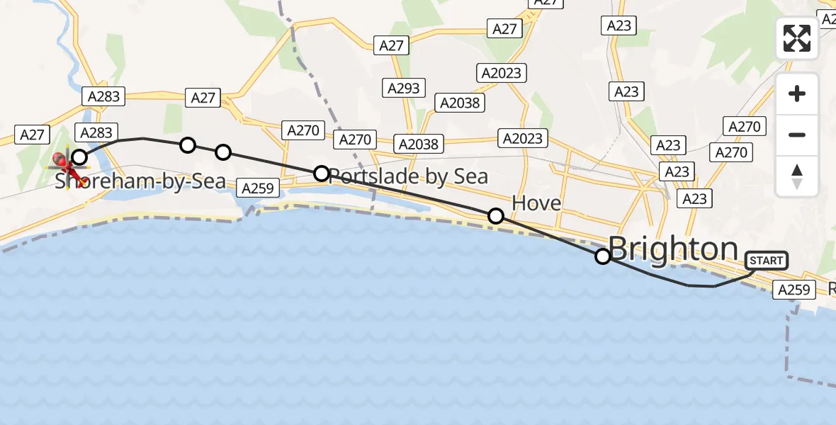 Flight route Air Ambulance Helicopter Brighton - Brighton City Airport, 19 June 2026, 16:17