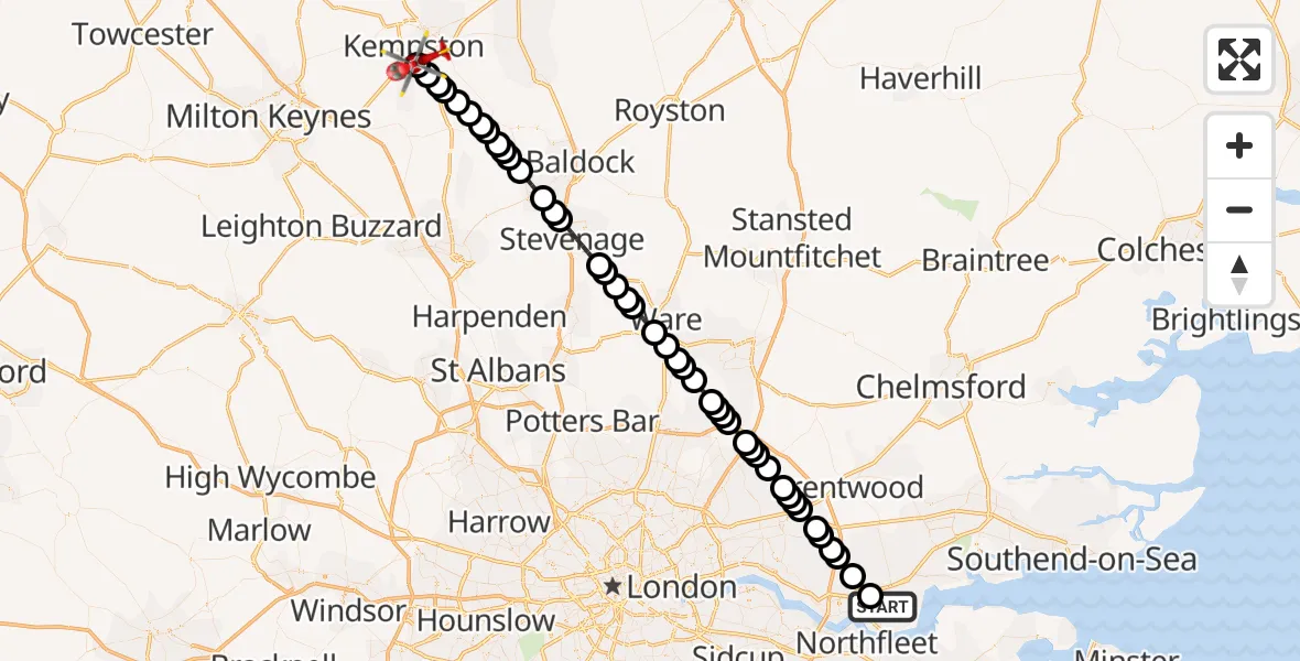 Flight route Air Ambulance Helicopter Chadwell St Mary - Elstow, 19 June 2026, 16:25