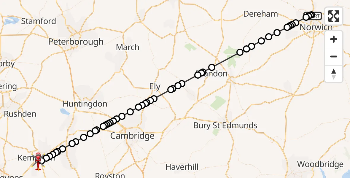 Flight route Air Ambulance Helicopter Norwich Airport - Elstow, 19 June 2026, 16:28