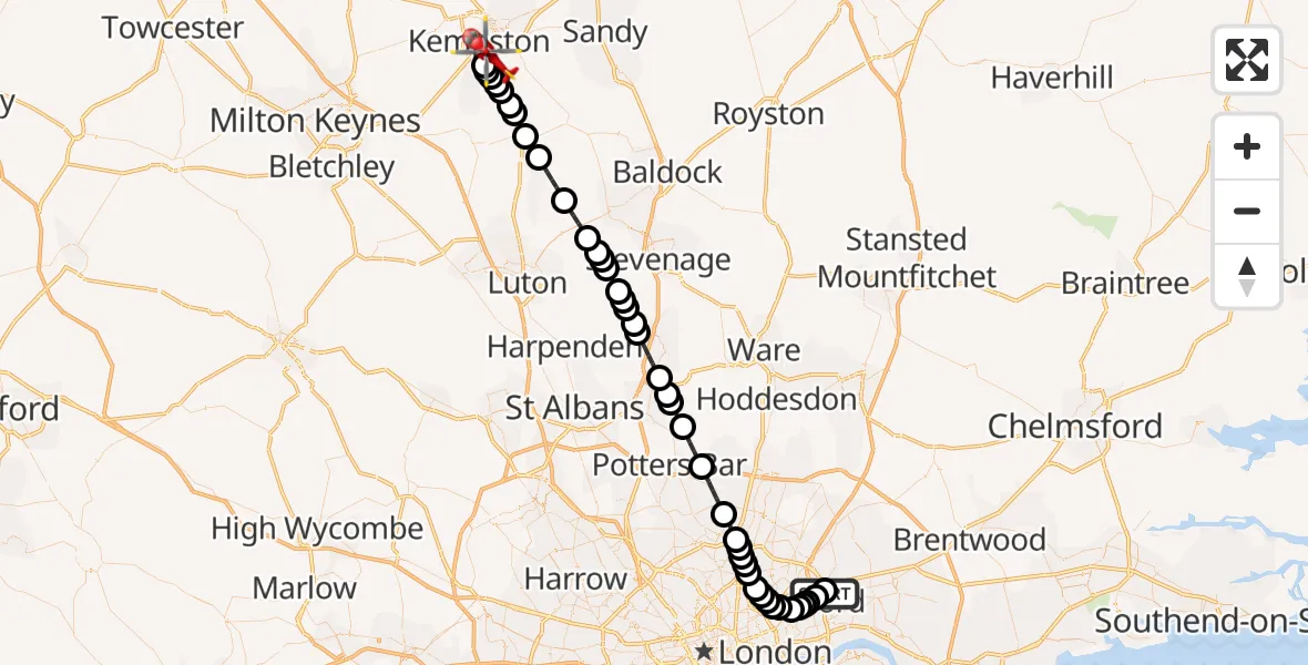 Flight route Air Ambulance Helicopter Gants Hill - Elstow, 19 June 2026, 16:30