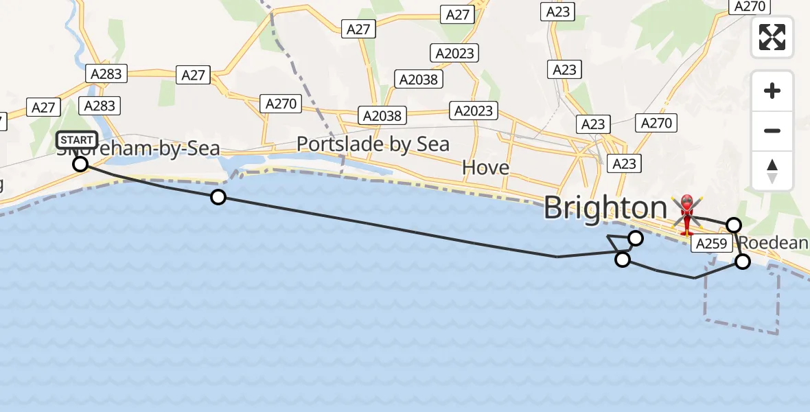 Flight route Air Ambulance Helicopter Brighton City Airport - Brighton, 19 June 2026, 16:33
