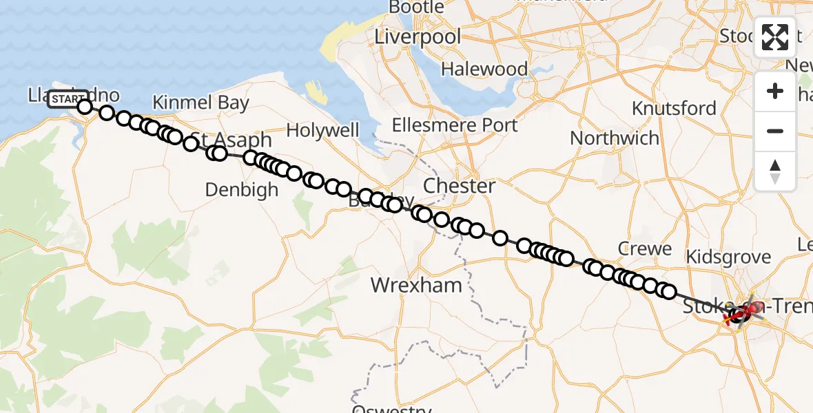 Flight route Air Ambulance Helicopter Llandudno - Stoke, 19 June 2026, 16:34