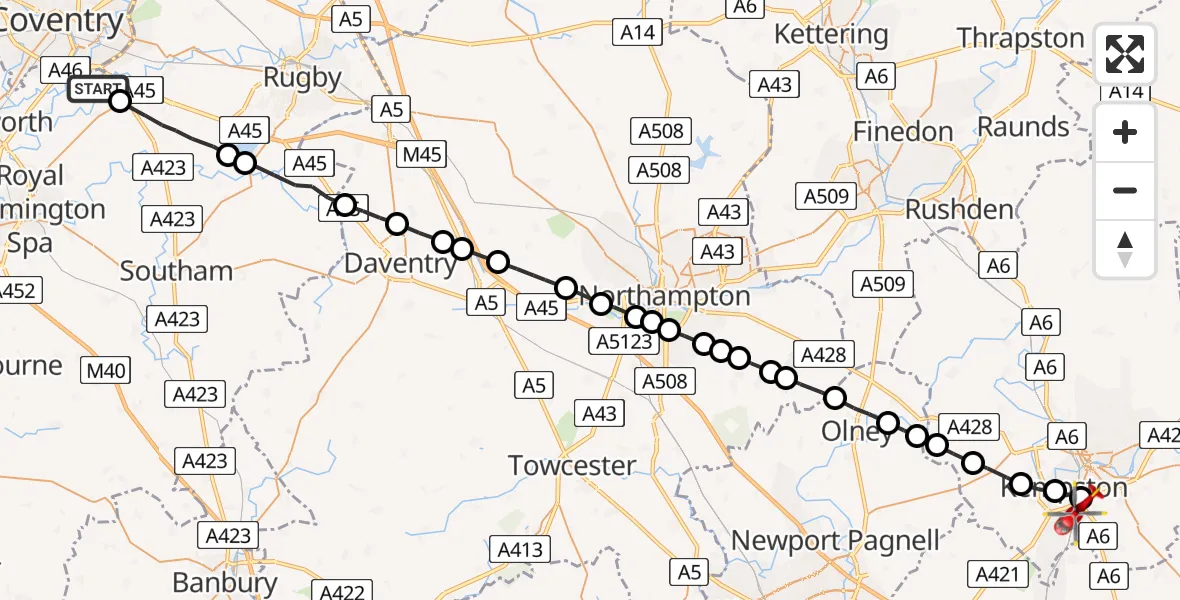 Flight route Air Ambulance Helicopter Warwick - Elstow, 19 June 2026, 16:35