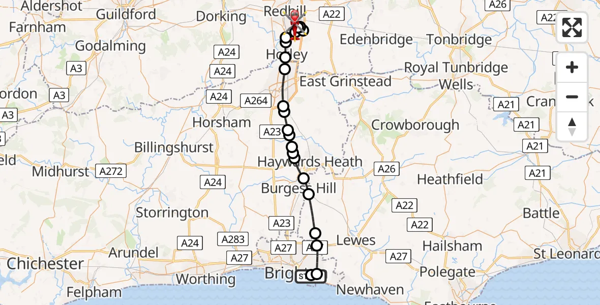 Flight route Air Ambulance Helicopter Brighton - Redhill Aerodrome, 19 June 2026, 16:37