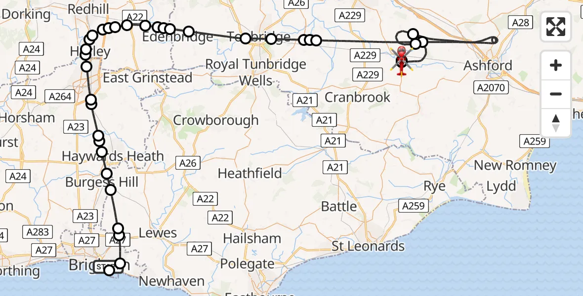 Flight route Air Ambulance Helicopter Brighton - Headcorn Aerodrome, 19 June 2026, 16:52