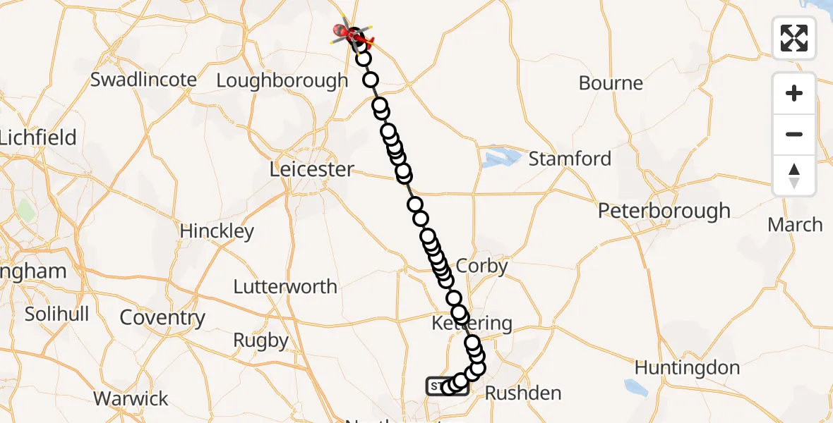 Flight route Air Ambulance Helicopter Sywell Aerodrome - Nottingham Heliport, 19 June 2026, 16:59