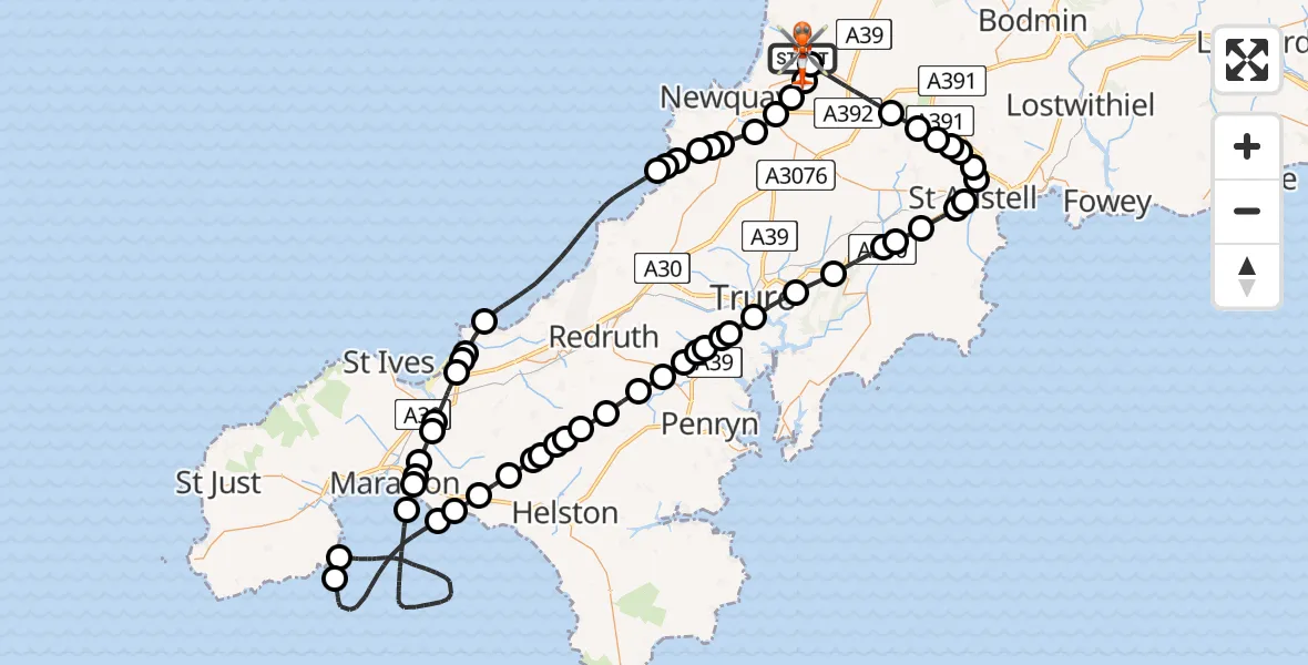 Flight route Coastguard Helicopter Cornwall Airport Newquay - Cornwall Airport Newquay, 19 June 2026, 17:01