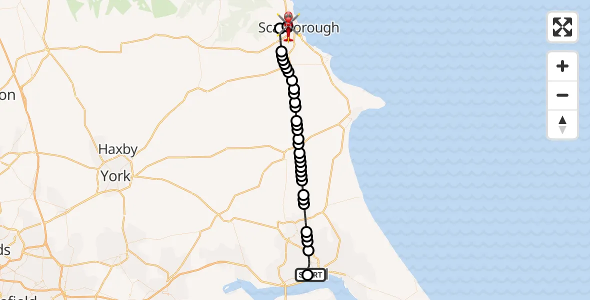 Flight route Air Ambulance Helicopter Hull Royal Infirmary - Scarborough, 19 June 2026, 17:10